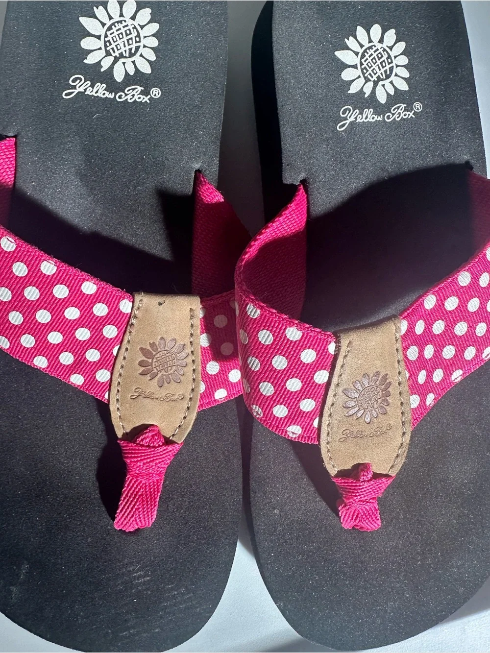 Yellow Box Pink Polka Dot Flip Flop Sandals with Tan Accents - Picture 3 of 3